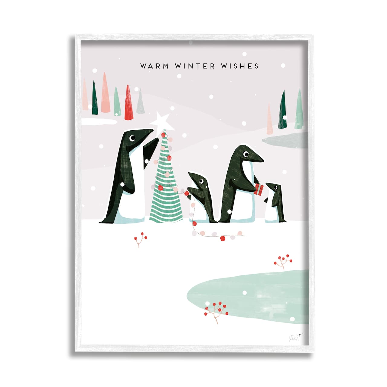 Stupell Industries Warm Winter Wishes Snowy Penguins Framed Giclee Art